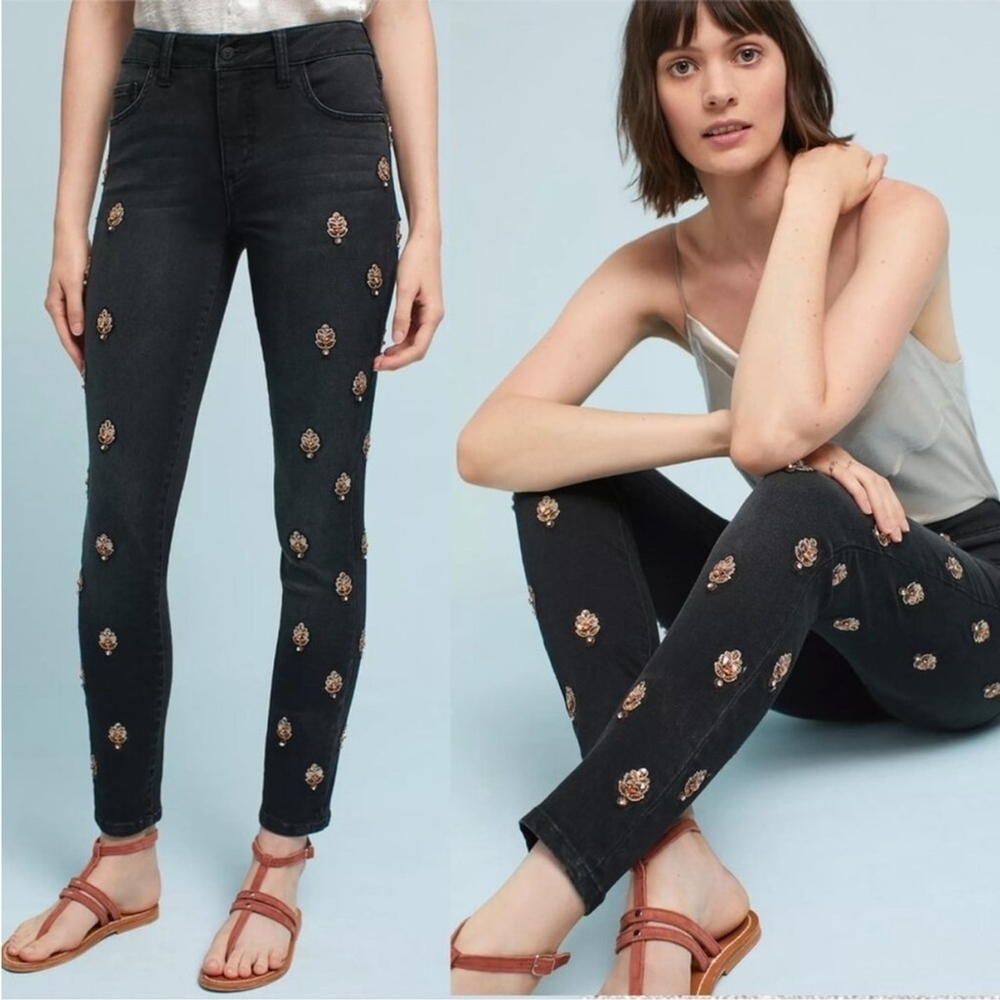 Anthropologie Pilcro Script High-Rise Embellished Skinny Jeans.